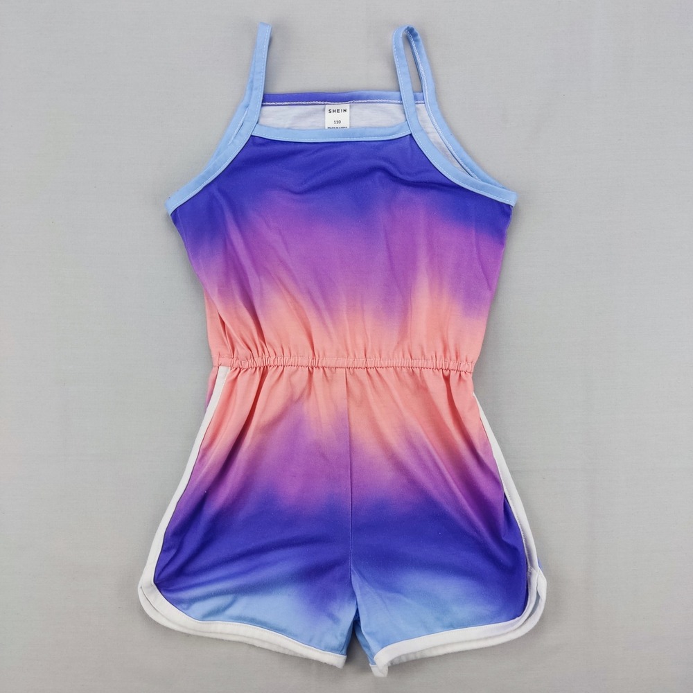 SHEIN Romper Girls 110 Purple Pink Blue Ombre Spaghetti Strap Sporty Dolphin Hem